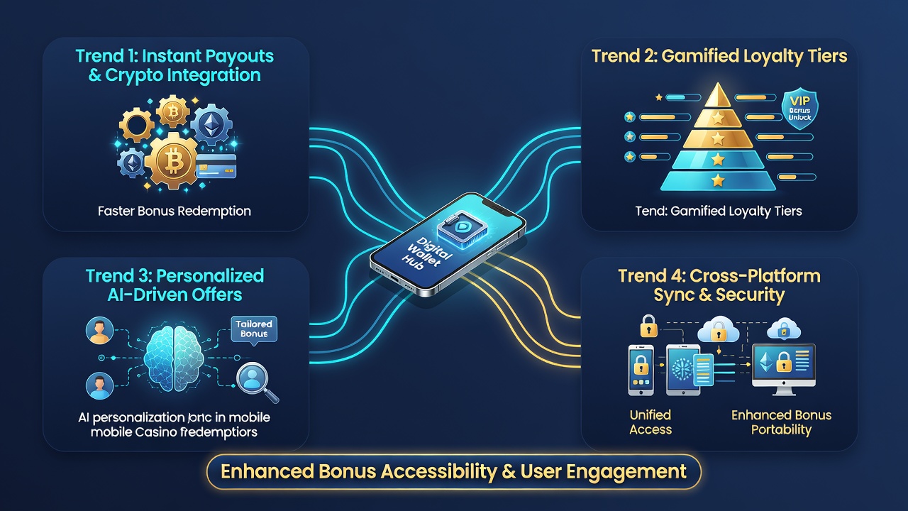 Infographic illustrating digital wallet integration with casino loyalty tiers and bonus flows